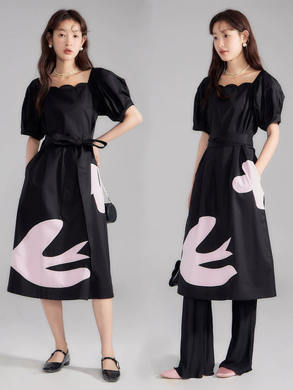Original Design Love Bird French Petal Square Neck Contrast Panel Lace up Short Sleeve Dress