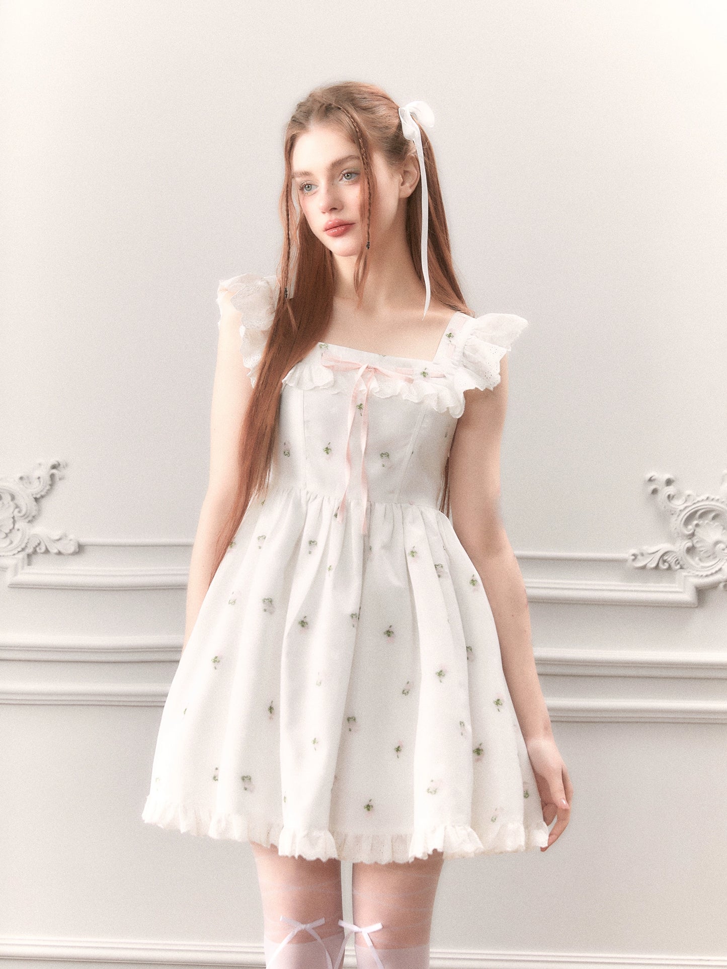 Rose Lace Dress: Square Neck, Bow Tie, Bunny Waist