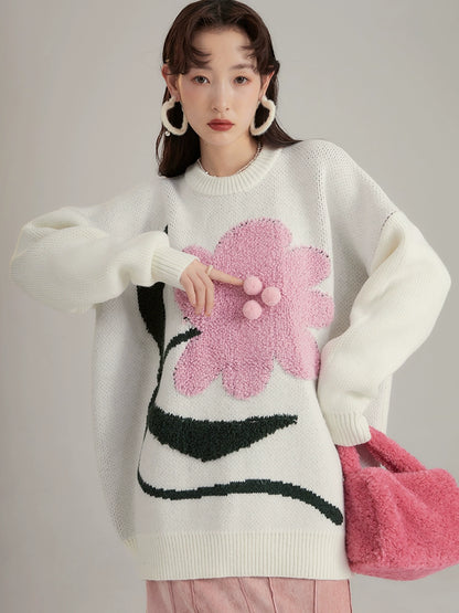 Original Design Gives You a Big Peony Art Design Towel Embroidered Wool Ball Early Autumn Sweater