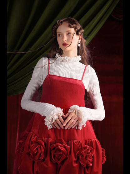 Red Velvet 3D Flower Skirt with Hanging Strap for New Year