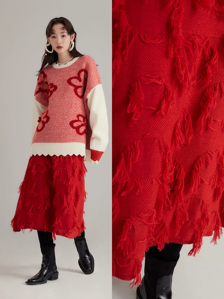 bright red, joyful atmosphere, irregular jacquard A-line wool mid length skirt