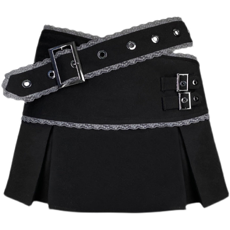 Hollow Waist Lace Panel Black Pleated Skirt