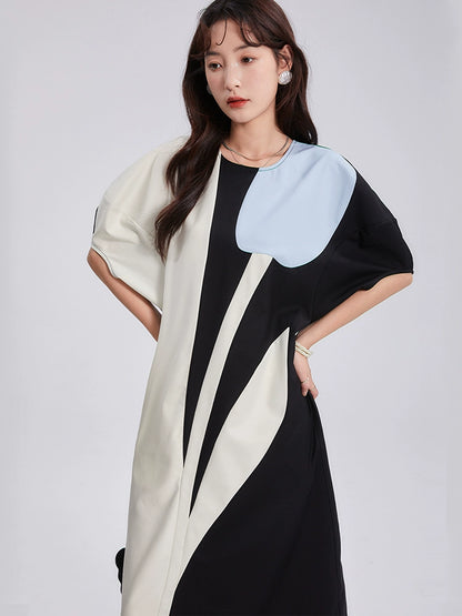 Original Design Stunning Layered Blue White Black Tulip Contrast Panel Short Sleeve Dress