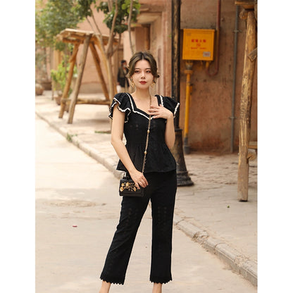 Black Sugar Cotton Top & Cropped Pants Set