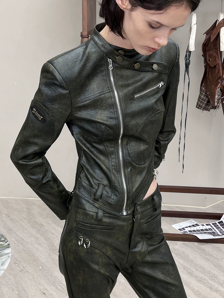 Side Zippered - Leather Jacket and Pants Set