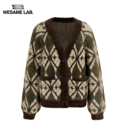 Automne et hiver Lazy Style Allover Lover Love Diamond Plaid Imitation Fleece Cardigan Cardigan V-Neck Pull pour les femmes