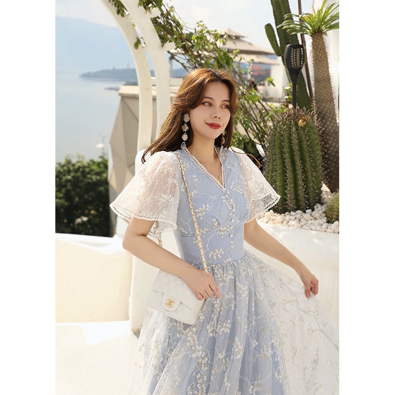 Light Blue Ice Spring Summer Style Retro V-neck Short Sleeve Lace Dress for Women