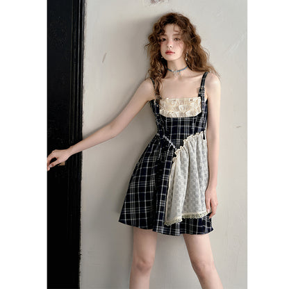 Vintage Plaid Lace Strap Dress