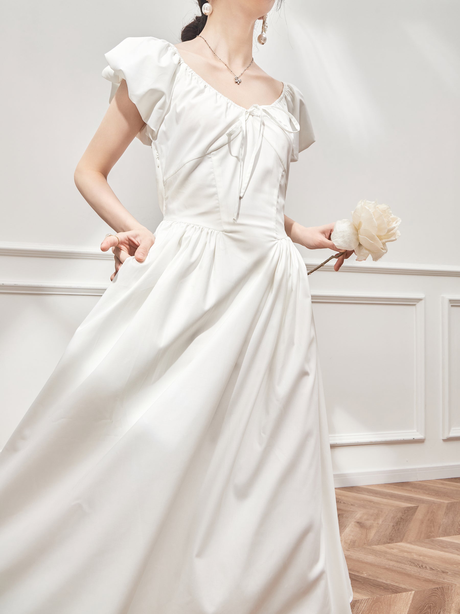 2023 French White Bubble Sleeve Dress