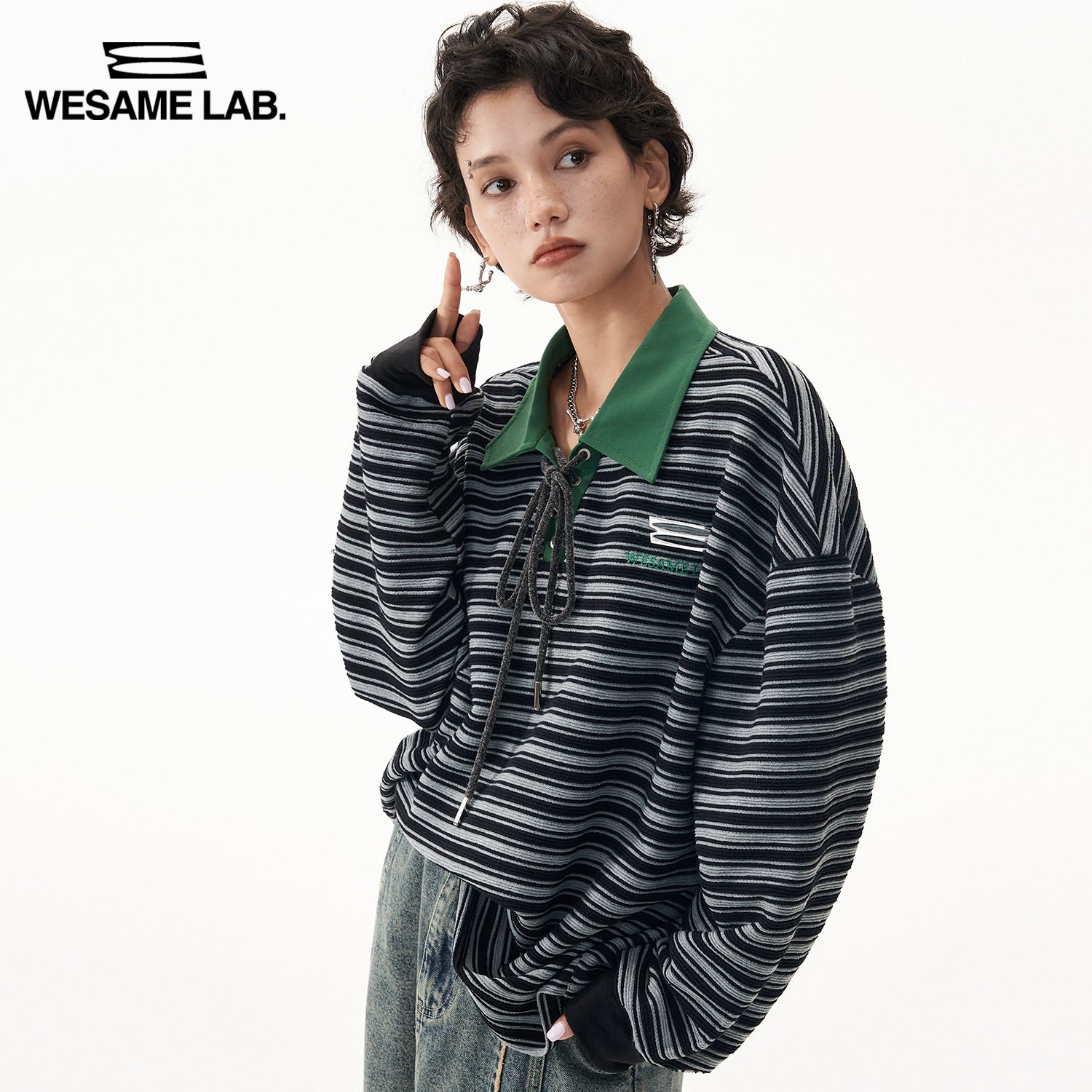 American Retro Long Sleeve Loose Polo Neck Striped T-shirt