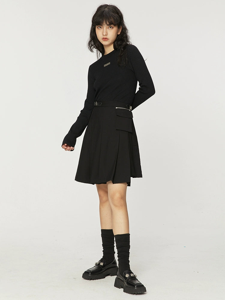 Hard Black Irregular Pleated Skirt