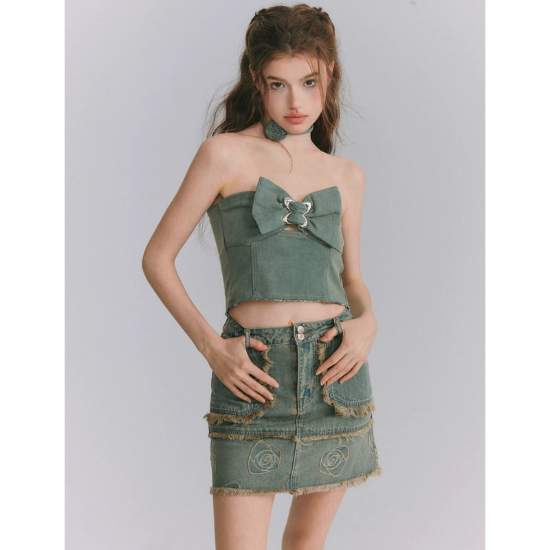 Denim Bow Strap Fleece Skirt