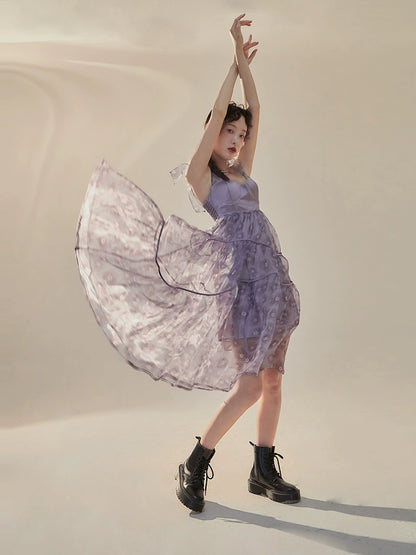 Original Design by You'er UARE: Fairy, Sweet and Cool, Irregular Mesh Retro Chest, Strap Dress
