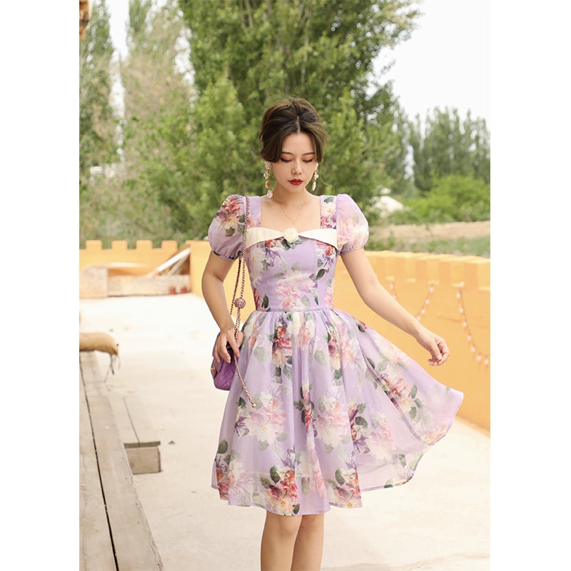 Purple Sweet Wine Spliced Slim French Dress