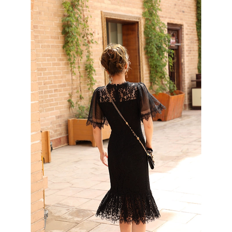 Night Evening Lace Collar Wrap Hip Dress