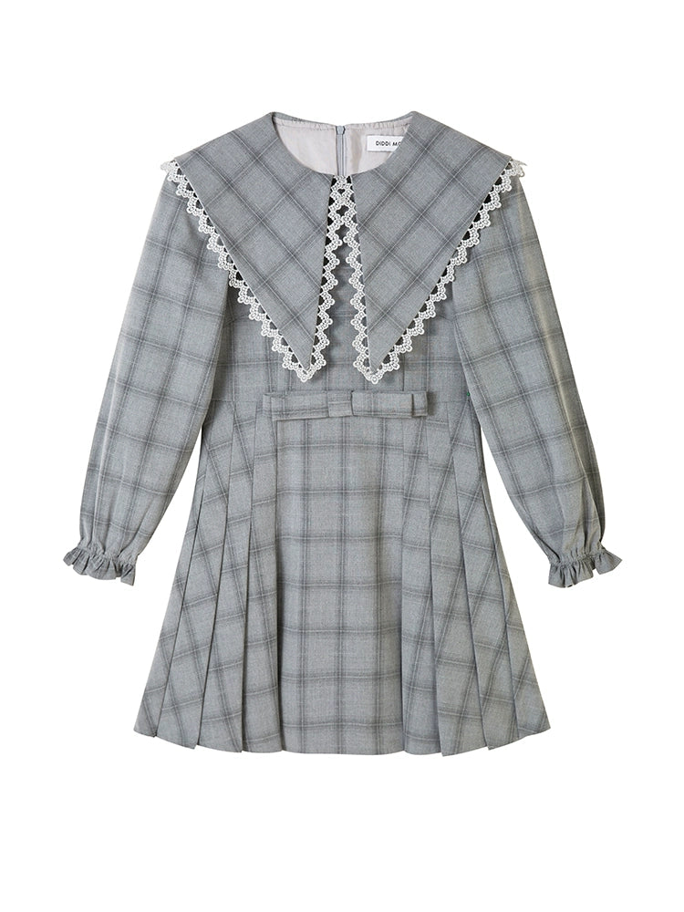 Pleated Plaid - Large Lapel Dress