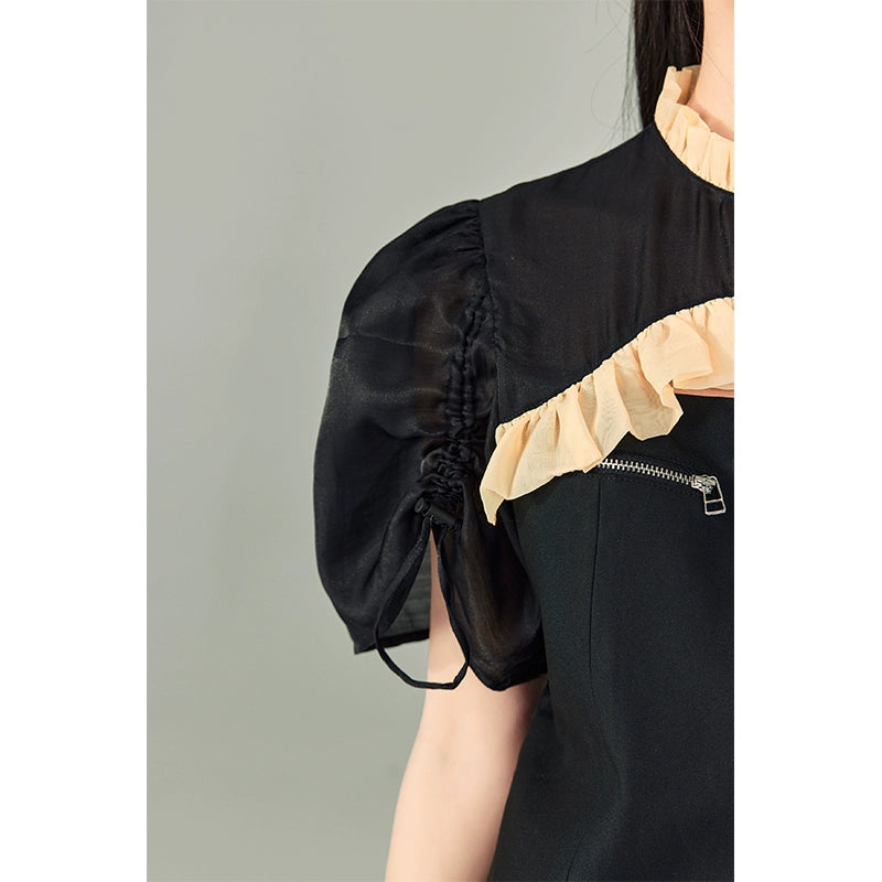 Bubble Sleeve Qipao - Black Short Dress