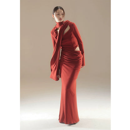 Autumn Red Ribbon Knitted Hollow Dress