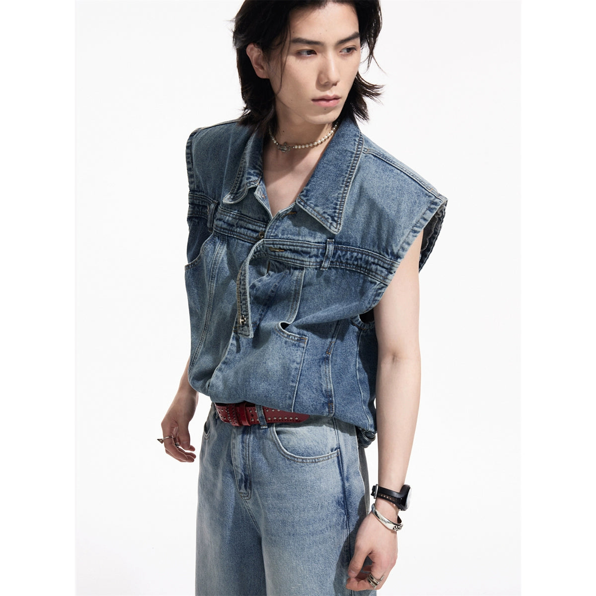 High-end Shoulder Pad - Sleeveless Denim Jacket