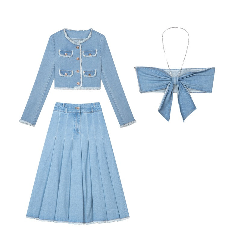 Denim Fur Edge Two-Piece Set