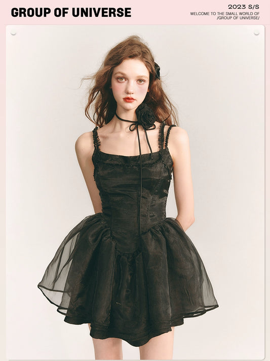 Iced Glaze Elegance - Black & White Organza Dress