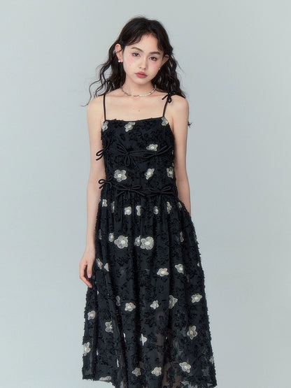 Bow Tie Strap - Embroidered Black Dress