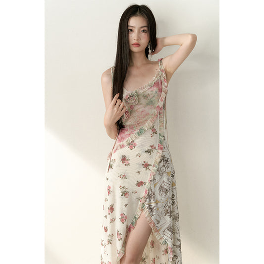 Fragmented Flower Ruffle Strap Dress