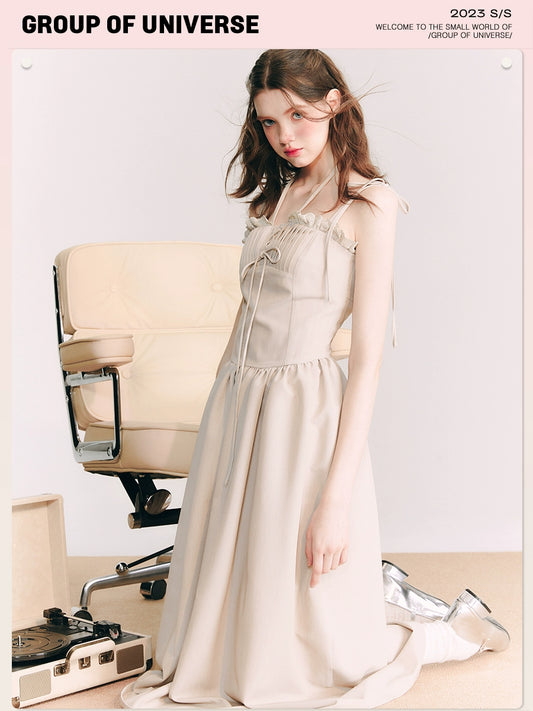 Ash Almond French - Grey Linen Lace Strap Dress