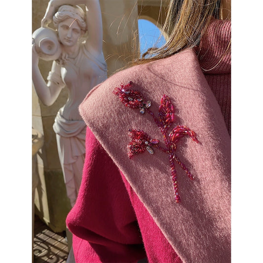 Pink and Dark Wool Bead Double-Faced Overcoat