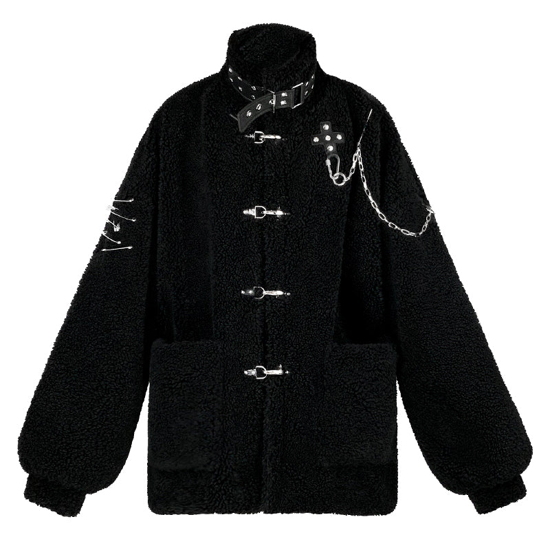 Rebellious Bunny Artificial Lamb Plush Coat Original Design with Punk Elements