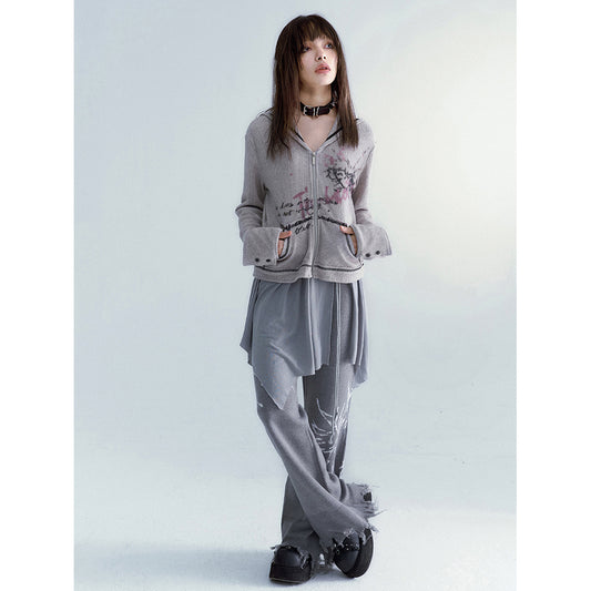 Gray Frayed Knit Culottes