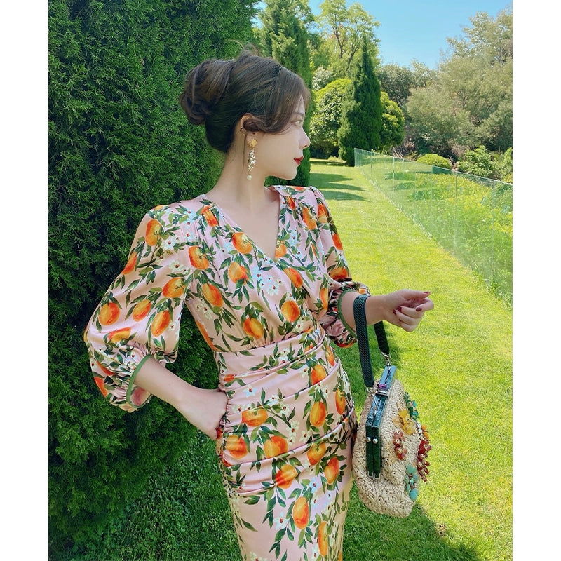 Southern French Citrus Silk Wrap Dress