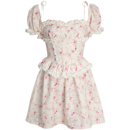 floral suspender princess sleeve dress