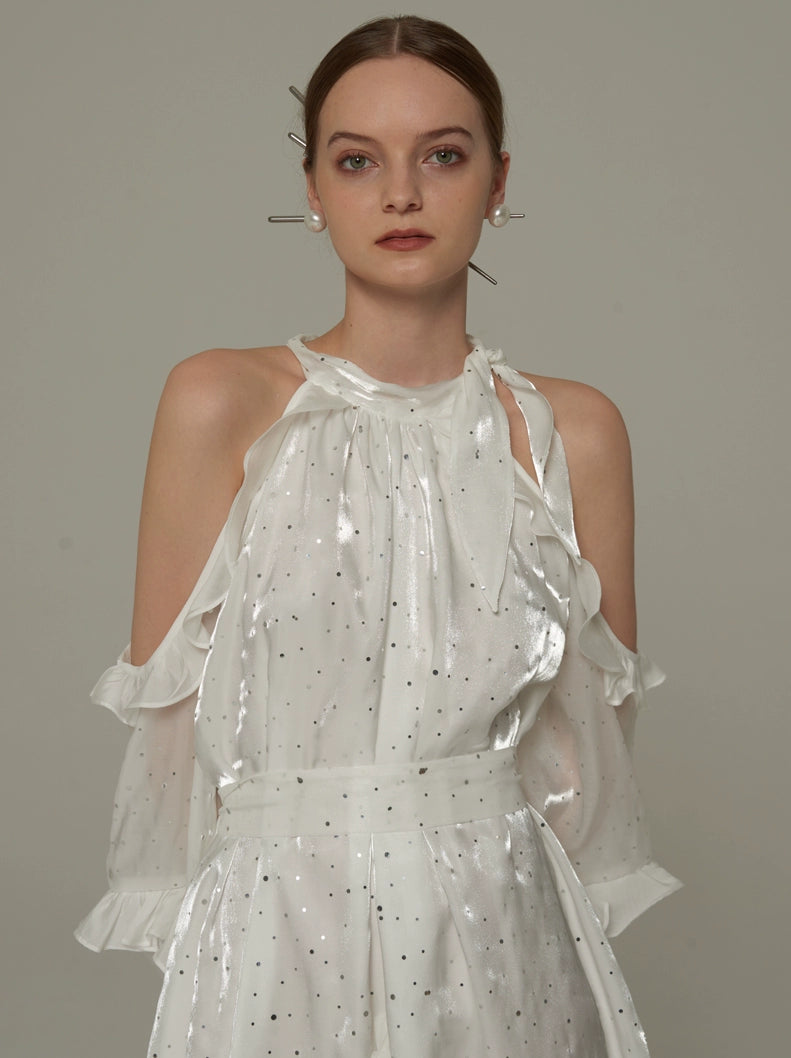 White Fairy Dress Lantern Sleeve and Off -Shoulder Design | Elegant Dress with sequence Serendute White Fairy Dress Lantern Sleeve and Off -Shoulder Design | Elegant Dress with sequence Serendute