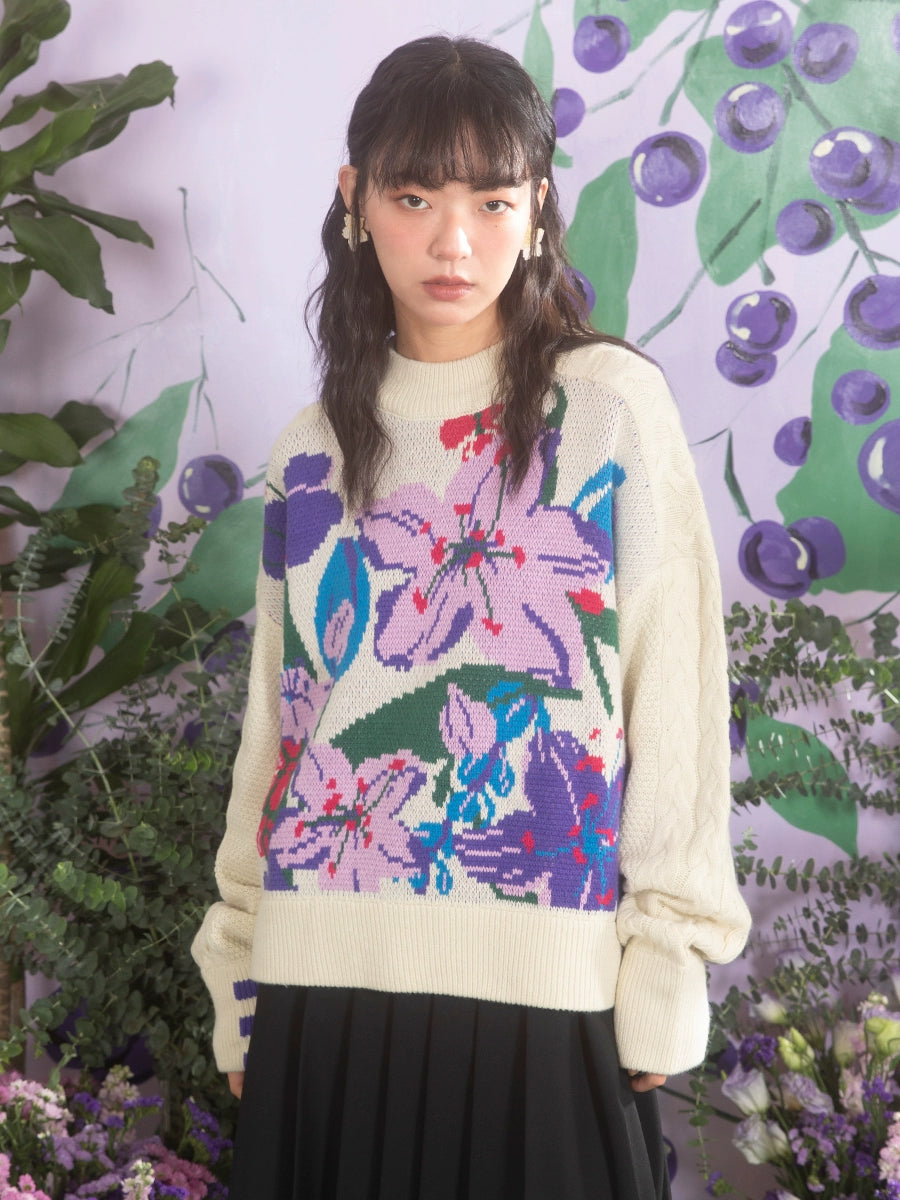 체리 꽃 튤립 자카드 베이지 스웨터