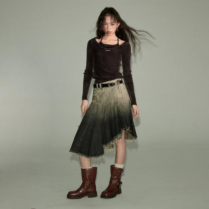 Gradual Lacing - Irregular Hem Denim Skirt