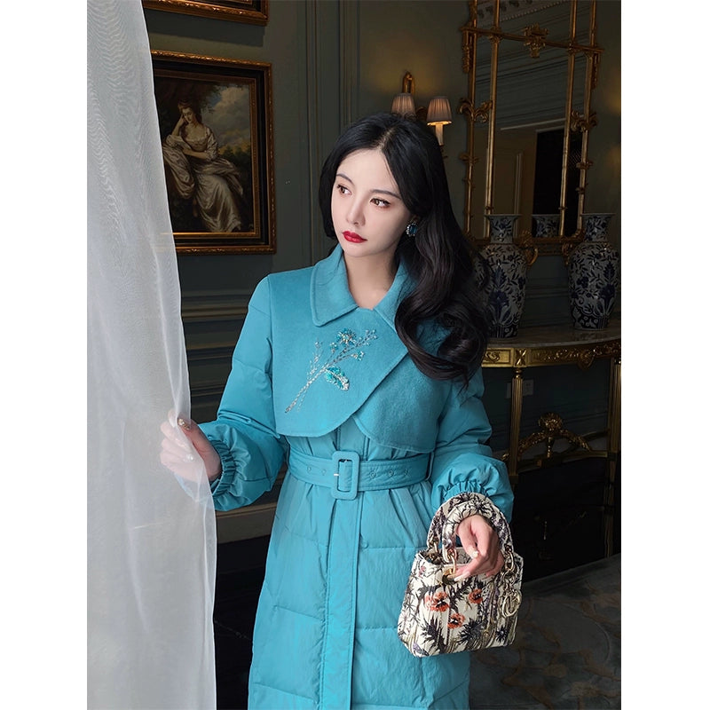 Lake Water Blue Beaded Woolen Coat