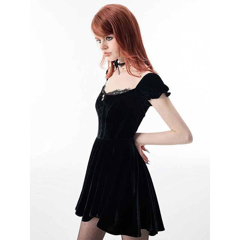 Velvet Noir Puff Sleeve Dress