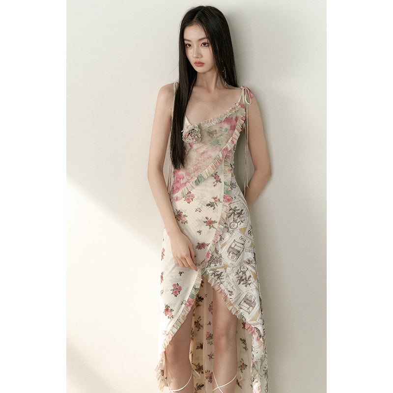 Fragmented Flower Ruffle Strap Dress