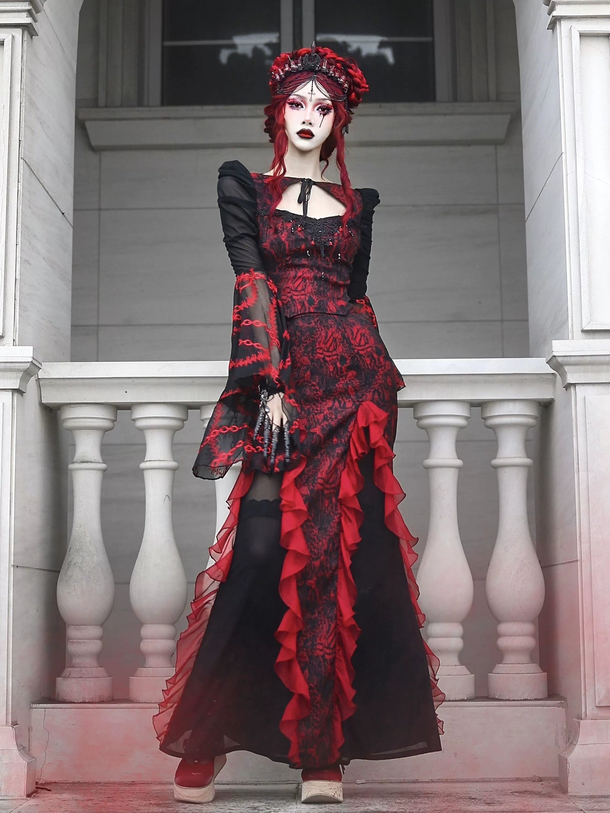 gothic chiffon dress Hollow Crown, Elegant Gothic Fashion Refined Retro Empire Waist Deluxe Regency Maxi Dress Vintage Long Sleeves Starry Velvet One-Piece & Sleevelets