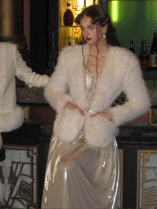 White Antique Faux Fur Thermal Jacket with Gold Belt Detail