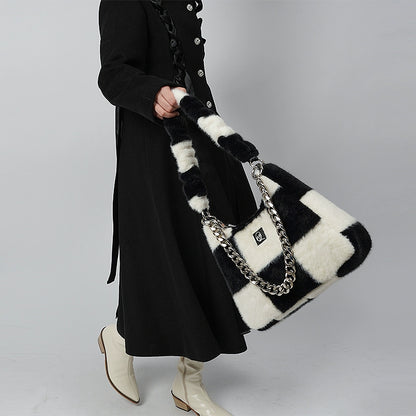 Checkerboard Fur Straddle Bag