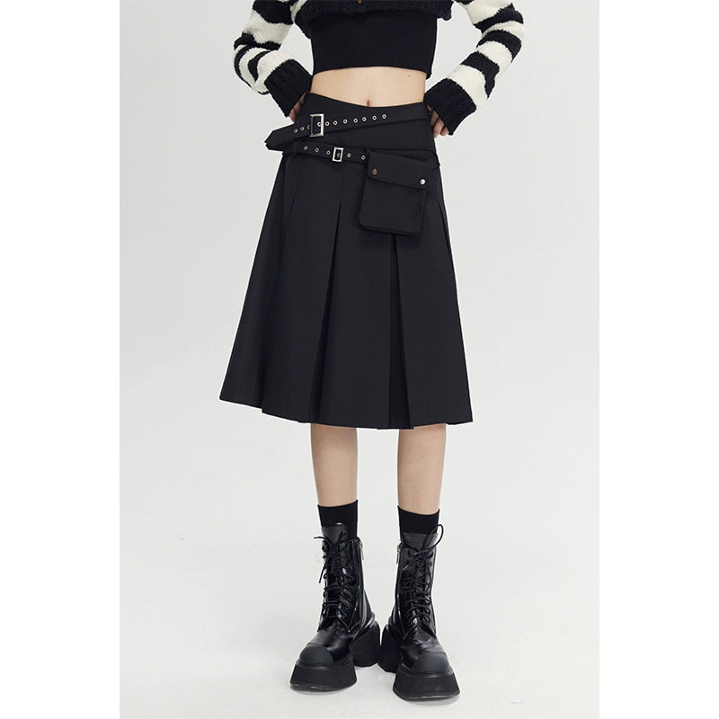 College Pleated - Double Belt A-line Skirt