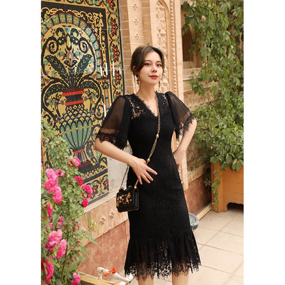 Night Evening Lace Collar Wrap Hip Dress