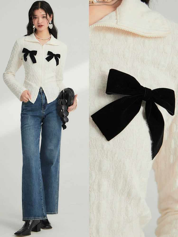 Cream Square Bow Knot Cardigan Coat