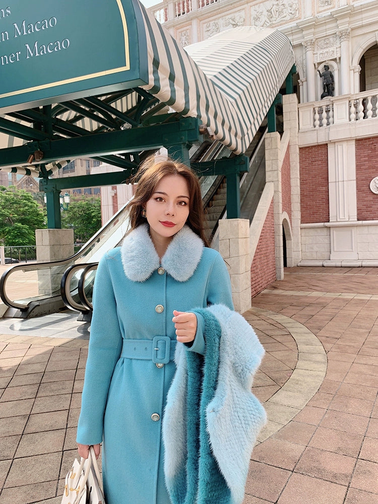 High-End Blue Woolen Winter Coat