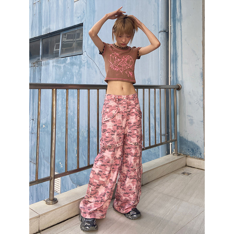 Pink Star Camo Printed Pants Cool Low Waist