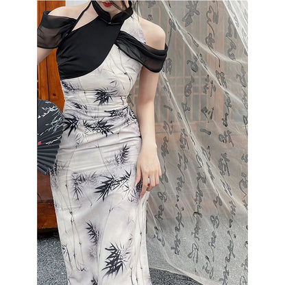 Split Print Hanging Neck Qipao Dress