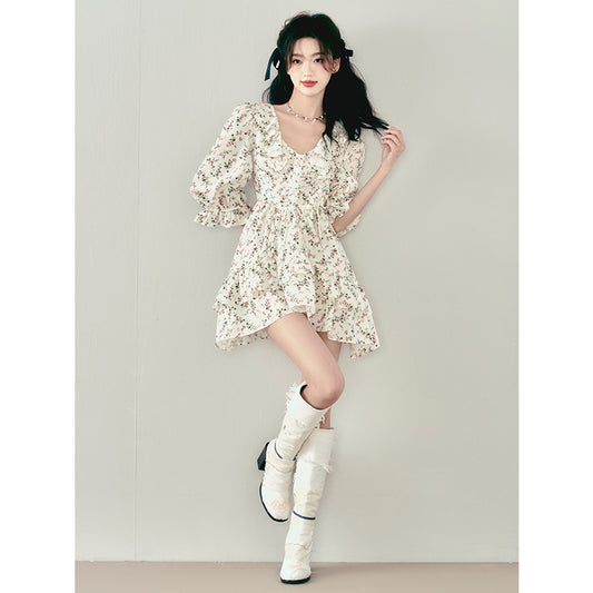 Fragmented Flower Ruffle Edge Dress