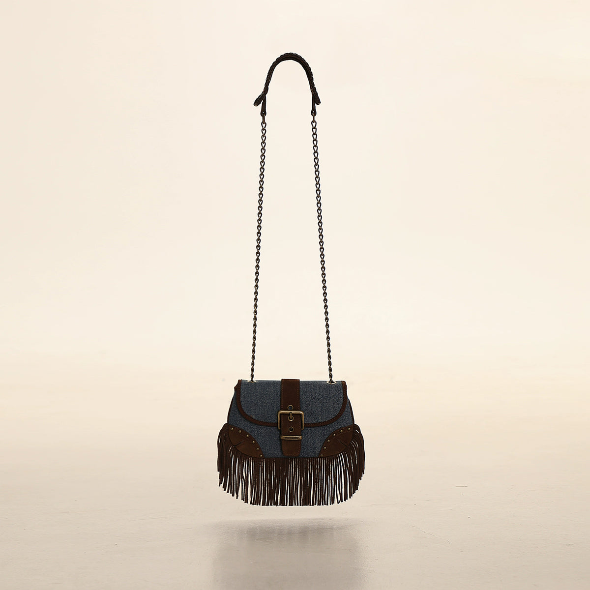 Twill Denim Suede Tassel Crossbody Bag